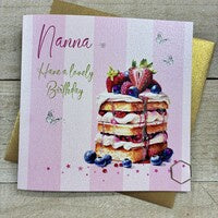 Nanna Card: Cream & Fruit Cake Hand Finished Crystals & Glitter - Pink - White Cotton Cards
