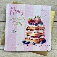 Nanny Card: Cream & Fruit Cake Hand Finished Crystals & Glitter - Pink - White Cotton Cards