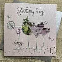 Birthday Card: FIZZ - LARGE COCKTAILS Hand Finished Crystals & Glitter - Pink - White Cotton Cards