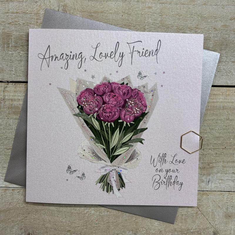 Friend Card:  Pretty Bouquet Peonies - Sparkles Crystals Hand Made - Pink -  White Cotton Cards