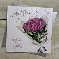 Mum Card: Loveliest Mum Ever PEONIES BOUQUET PRETTY FLOWERS Hand Finished  - White Cotton Cards