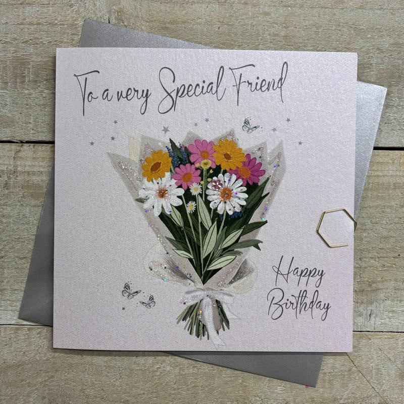 Friend Card: Special Friend Pretty Bouquet Flowers - Sparkles Crystals Hand Made - Pink - White Cotton Cards