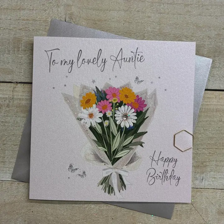 Auntie Card: Bouquet Of Flowers Handmade Crystals - Colourful - White Cotton Card