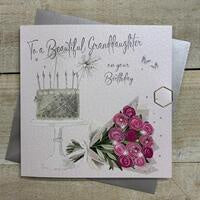 GRANDDAUGHTER Card: CAKE & PRETTY FLOWERS Hand Finished  - White Cotton Cards