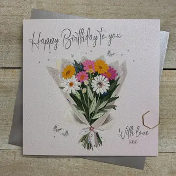 Birthday Card: Bouquet Of Flowers With Love Handmade Crystals - Colourful - White Cotton Cards