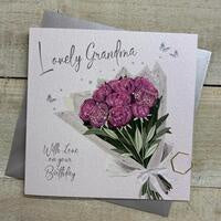 Grandma Card: PEONIES BOUQUET PRETTY FLOWERS Hand Finished  - White Cotton Cards