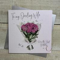 Wife Card: To My Wife - Bouquet Peonies Hand Finished Crystals & Glitter - White - White Cotton Cards