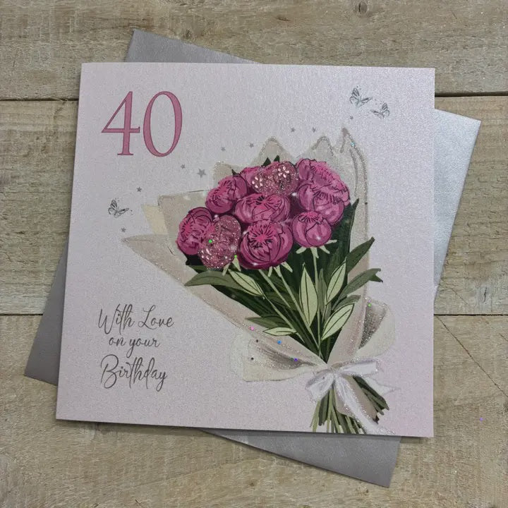 Age 40th Card: Bouquet of Flowers Hand Finished Crystals & Glitter -Pink - White Cotton Cards
