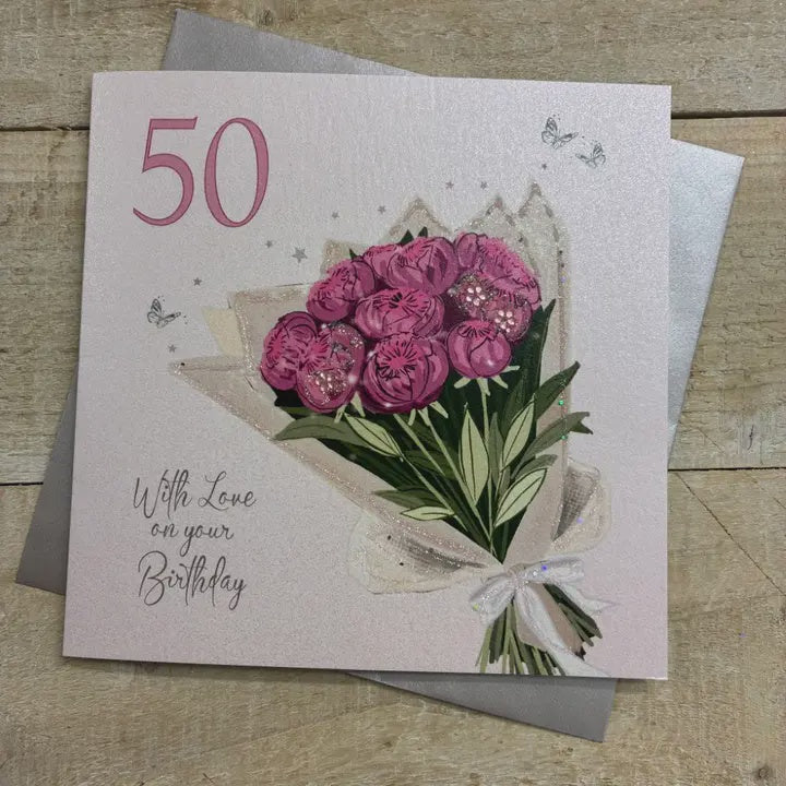 Age 50th Card: Bouquet Of Flowers Hand Finished Crystals & Glitter - Pink - White Cotton Cards