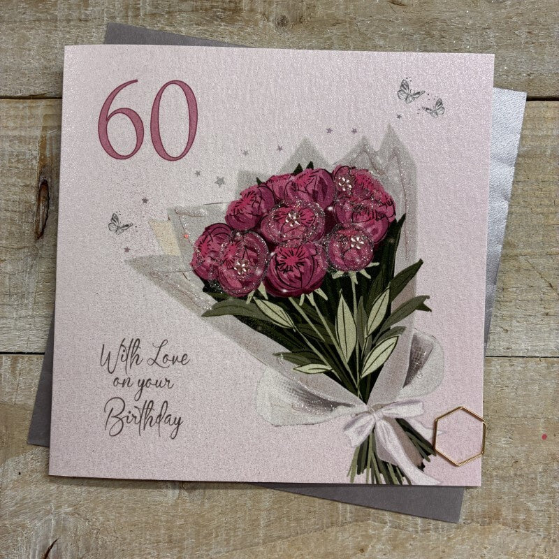 Age 60th Card: Bouquet Of Flowers Hand Finished Crystals & Glitter - Pink - White Cotton Cards