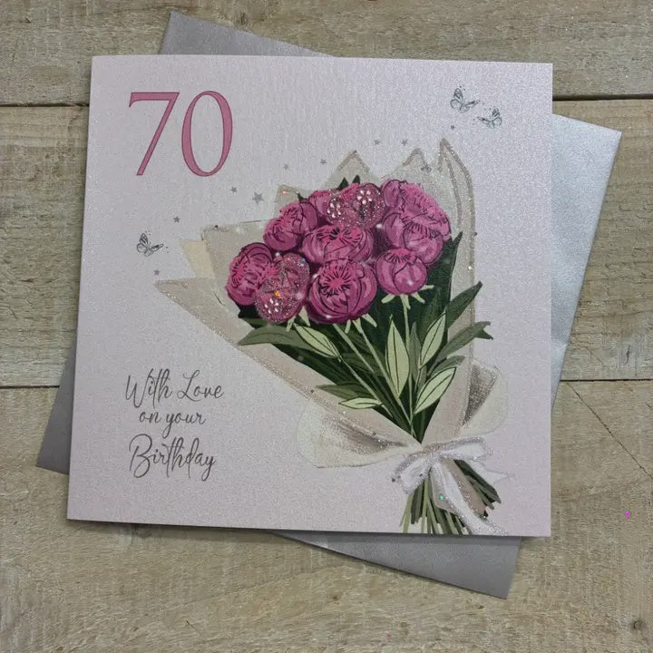 Age 70th Card: Bouquet Of Flowers Hand Finished Crystals & Glitter - Pink - White Cotton Cards