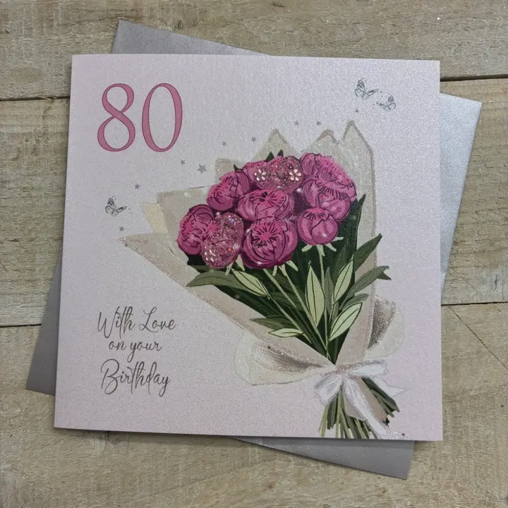 Age 80th Card: Bouquet Of Flowers Hand Finished Crystals & Glitter - Pink - White Cotton Cards