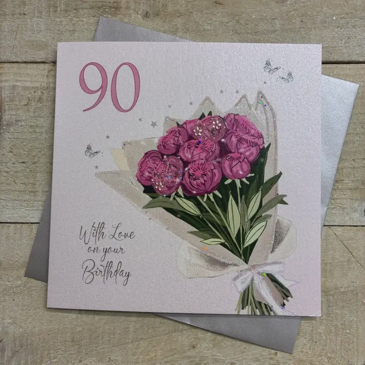 Age 90th Card: Bouquet Of Flowers Hand Finished Crystals & Glitter - Pink - White Cotton Cards