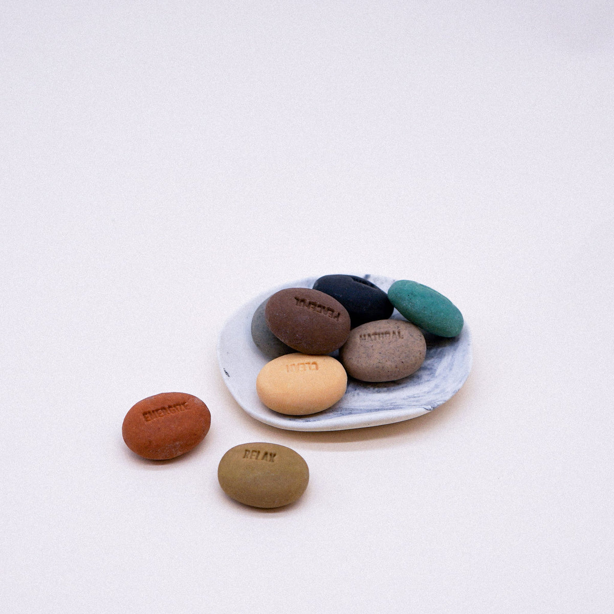 Handmade Natural Soap Set Porcelain Dish & Pebbles set of 9 Mini Mindfullness Stamps - Assorted Colours