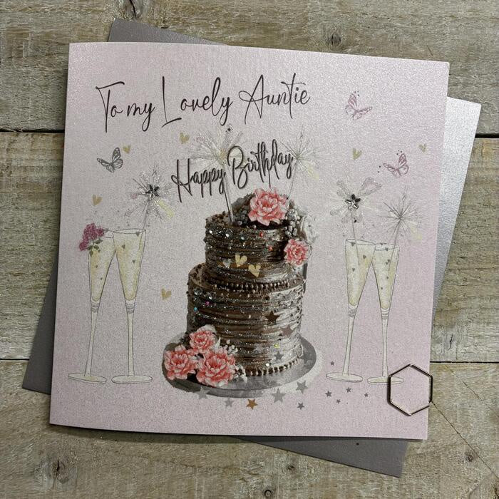 Autntie Card: BIG CAKE & FLUTES Hand Finished  - White Cotton Cards