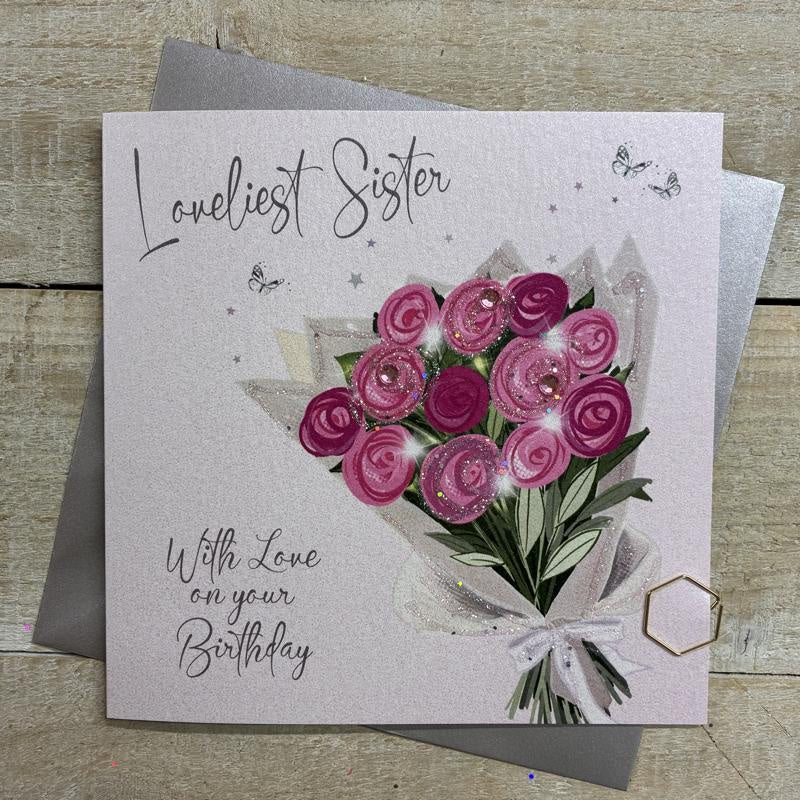Sister Card: Flower Bouquet Crystals - Loveliest Sister - White Cotton Cards