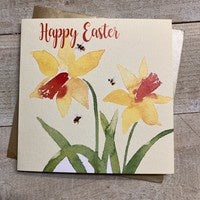 Easter Card: BIG DAFFODILS Hand Finished Crystals & Glitter  - Pastels - White Cotton Cards