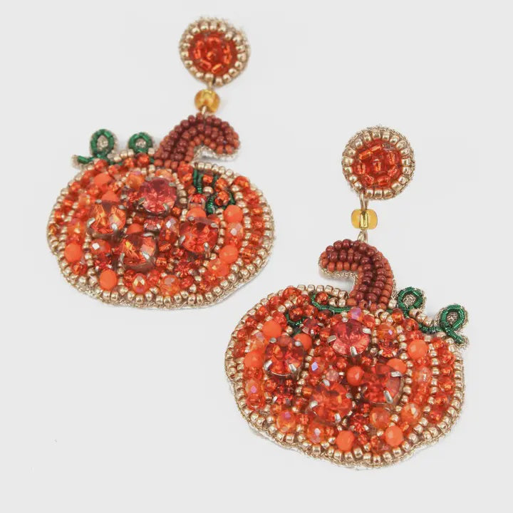 Earrings: Drop Handmade Large Beaded Pumpkins - Orange - My Doris