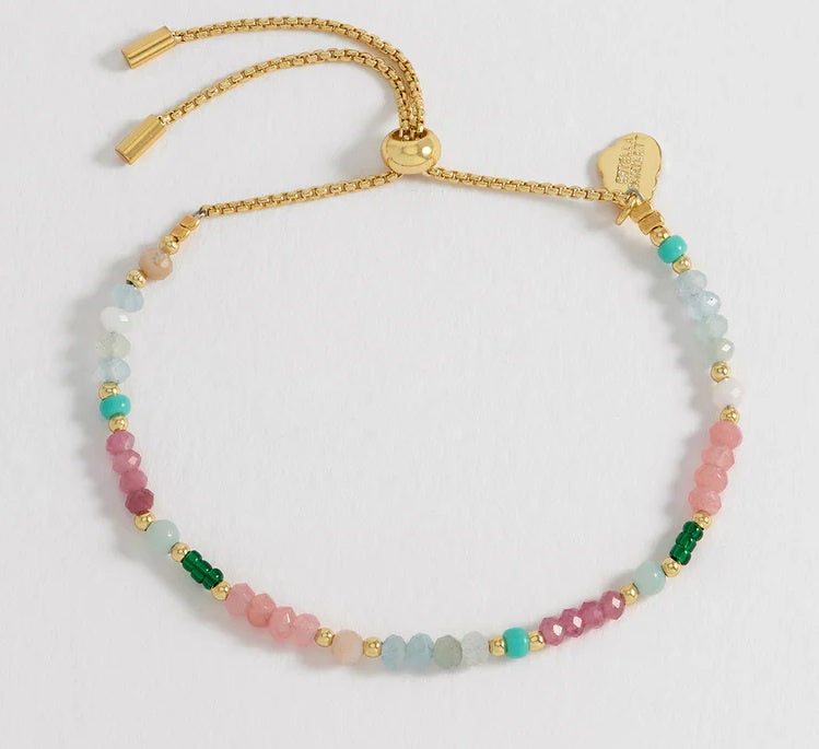 Bracelet: Lariat Amelia Mixed stone Green & Pink LOVE Beads - Gold Plated - Estella Bartlett