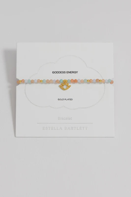 Bracelet: Mixed Gemstone Evil Eye Charm - Peach Moonstone and Lime Aventurine - Gold Plated -Estella Bartlett