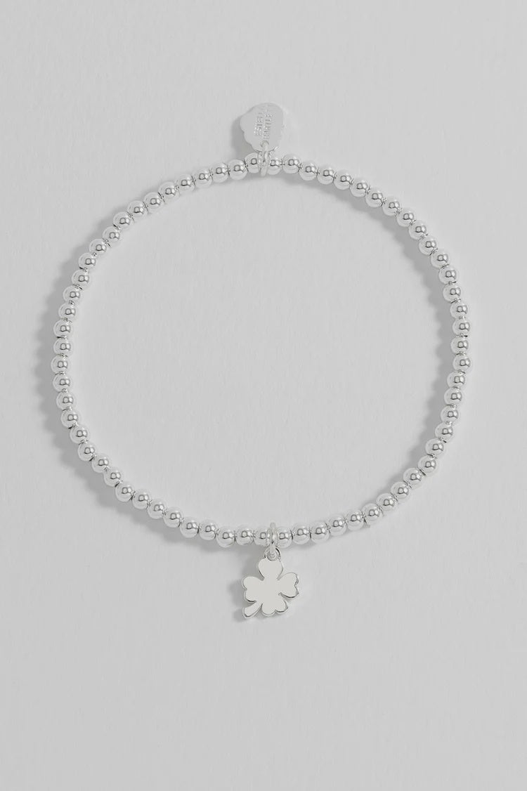 Bracelet on Message Card: Clover Good Luck Stretch Small Bead - Silver Plated - Estella Bartlett