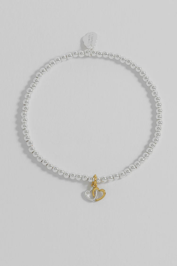Bracelet on Message Card: Double Heart Friends forever Stretch Small Bead - Silver & Gold Plated - Estella Bartlett