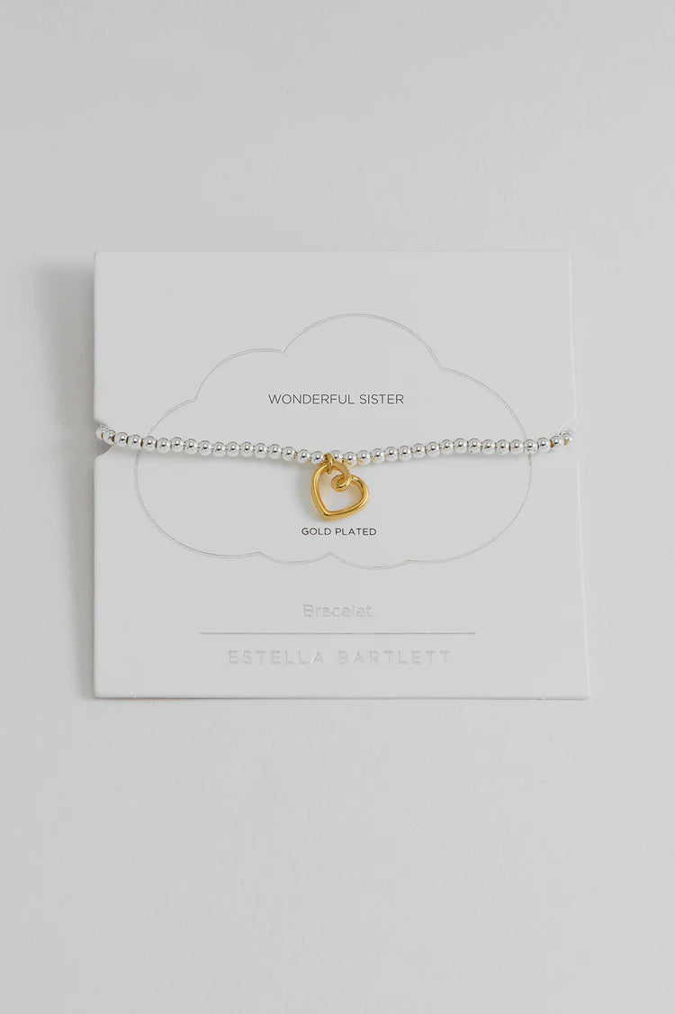 Bracelet on Message Card: Doodle Heart Sister Stretch Small Bead - Silver & Gold Plated - Estella Bartlett