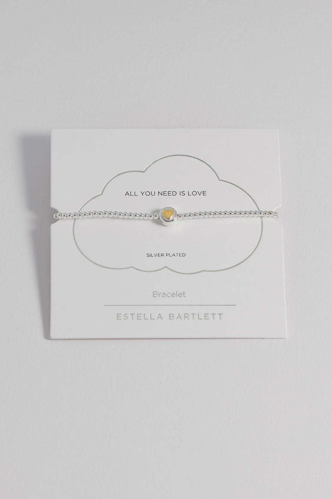 Bracelet on Message Card: Heart Disc - ALL YOU NEED IS LOVE - Silver Plated - Estella Bartlett