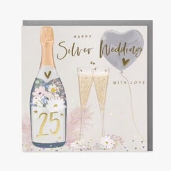 Anniversary Card: Silver 25th Champagne & Flutes - Belly Button Designs