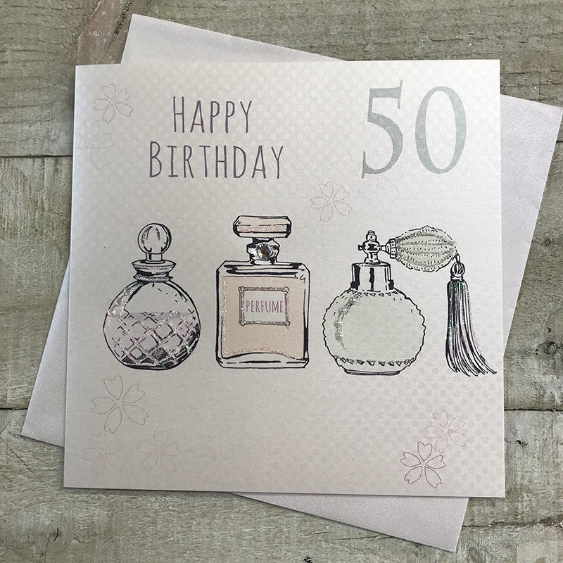 Age 50th Card: Perfume Bottles Hand Finished Crystal, Pearl & Glitter - Pink - White Cotton Cards