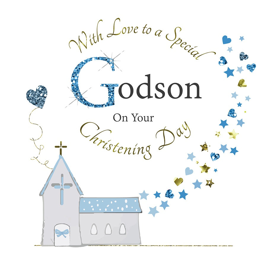 Christening Card: Godson Hand Finished Glitter & Diamante With Love to a Special Godson on Your Christening Day - White