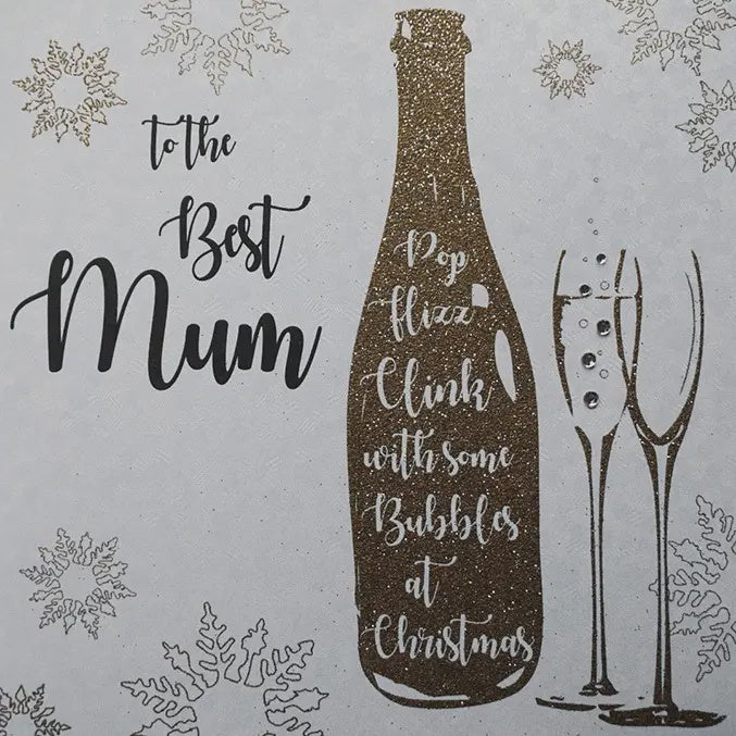 Christmas Card:  Best Mum Champagne Glasses  Hand Decorated- White Cotton Cards