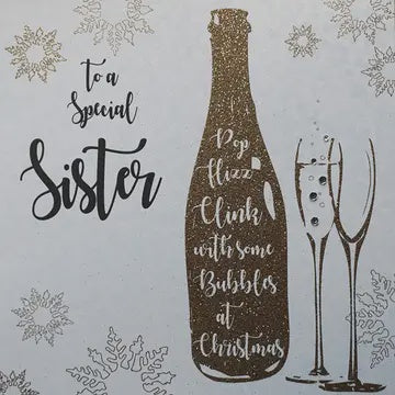 Christmas Card: Sister Champagne Bottle Hand Decorated- White Cotton Cards