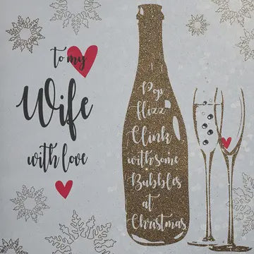 Christmas Card: Wife With Love Champagne Hand Decorated- White Cotton Cards