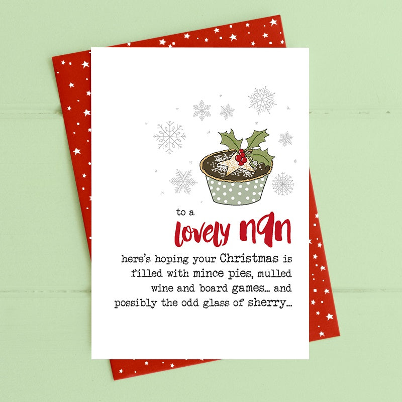 Christmas Card: Nan - mince pies & sherry - Dandelion Stationery