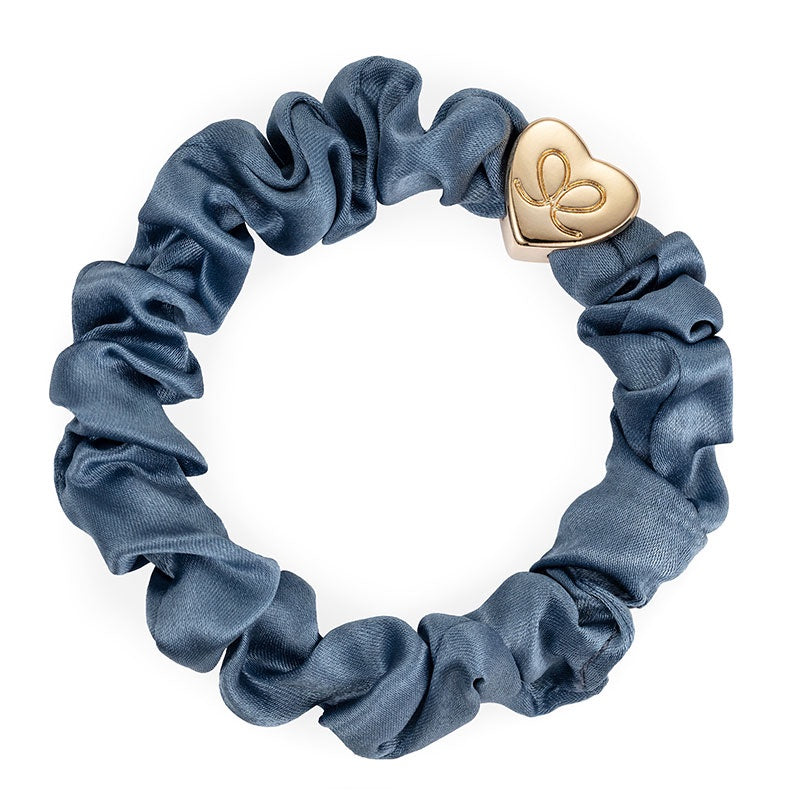 Hairband Bracelet: Silk Scrunchie with Gold Heart - Faded Denim Blue - By Eloise