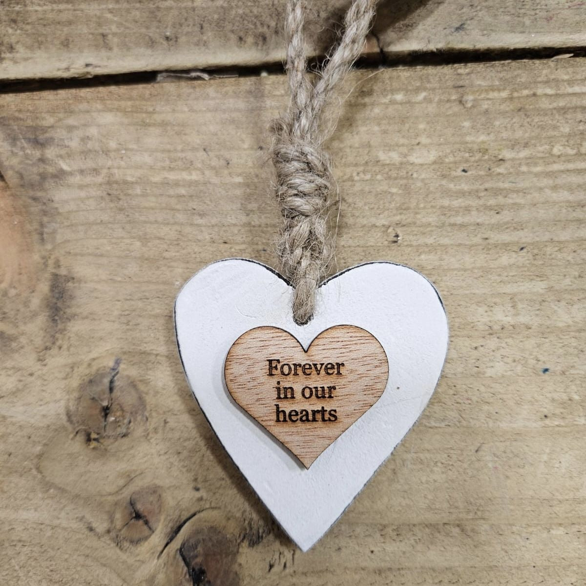 Chunky Forever in Our Hearts  Hanging Heart Wood Sentiment Decoration - White w Natural Heart Tag
