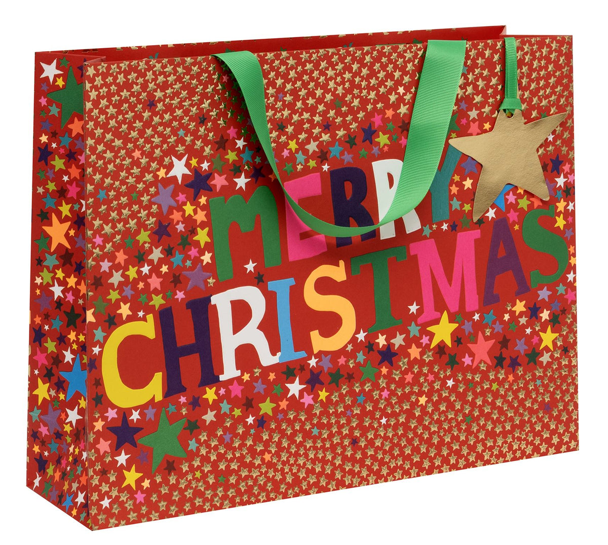 Gift Bag: Large Landscape Merry Christmas Lots Of Stars - Red - Glick