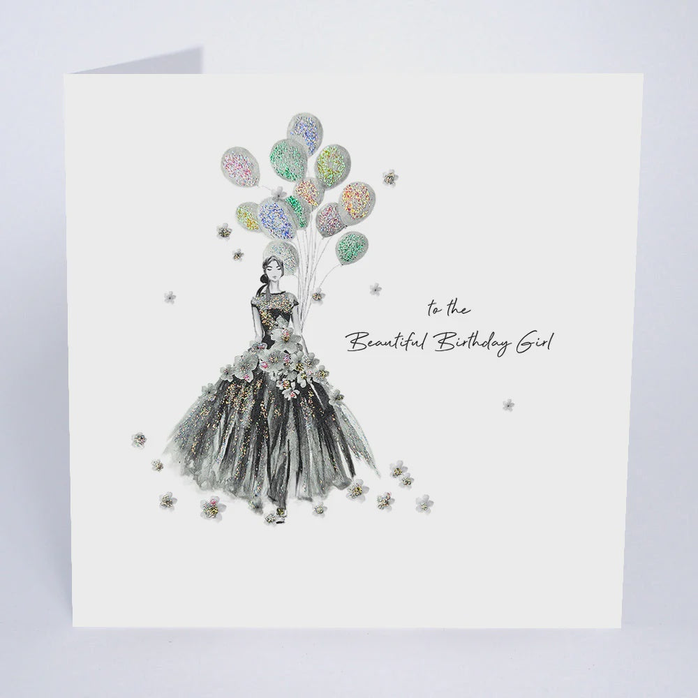 Birthday Card: To The Beautiful Birthday Girl Balloons Hand Finished Glitters GLAMARAMA - Five Dollar Shake