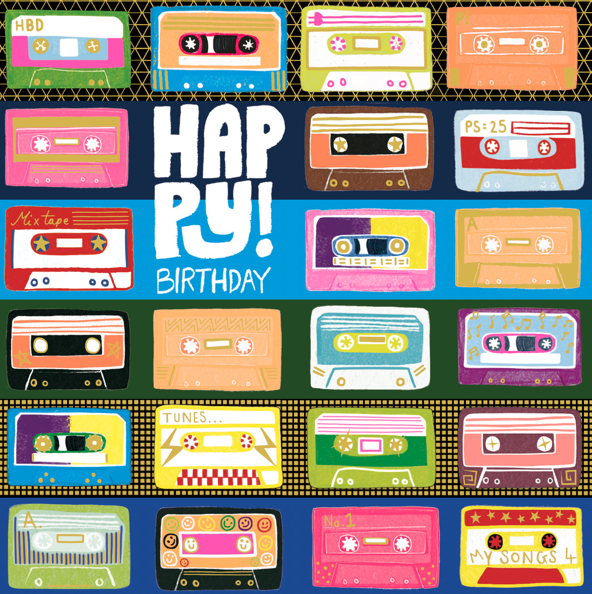 Birthday   Card: BRIGHT COLOURFUL  BIRTHDAY CASSETTES  - Paper Salad