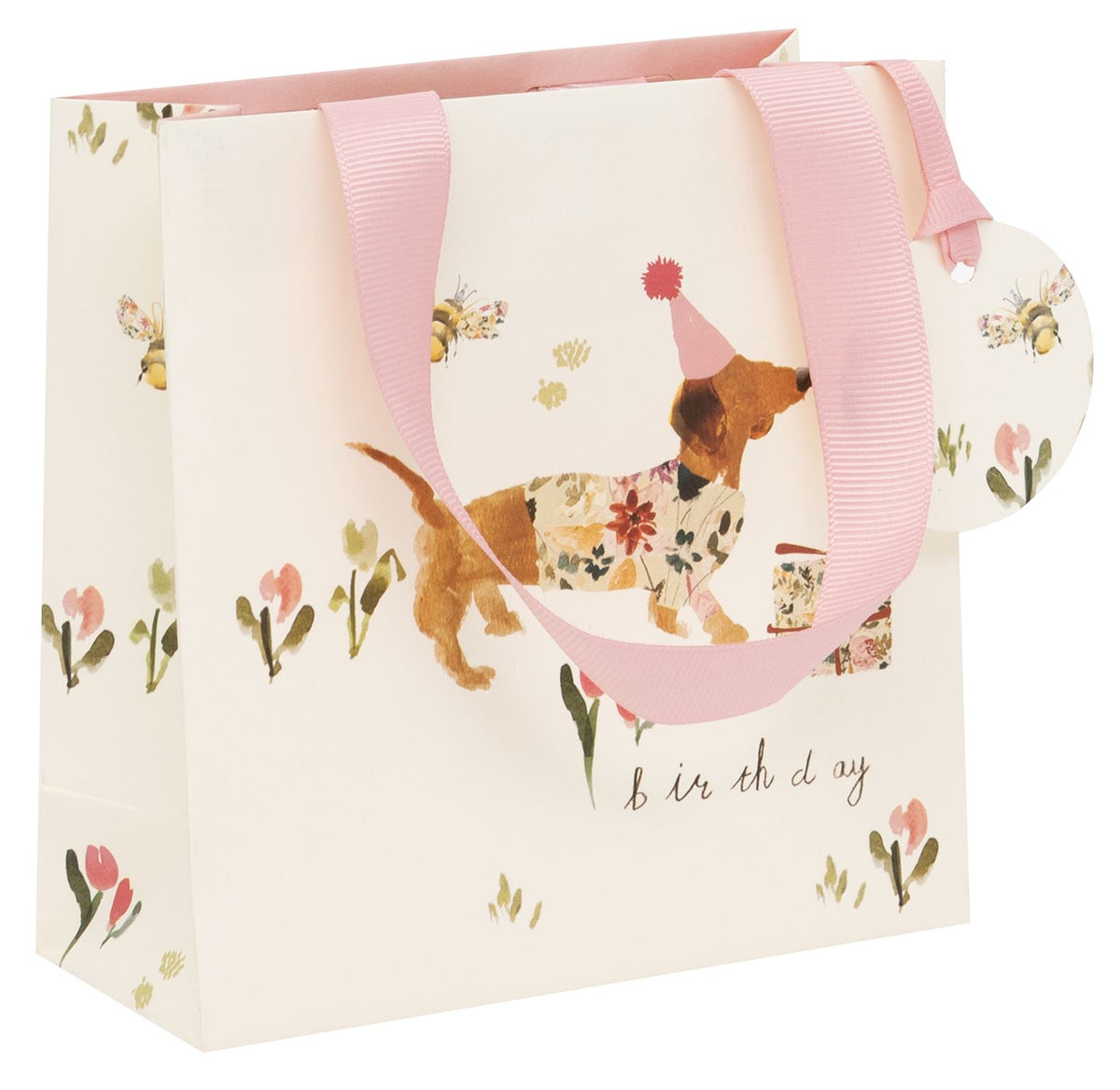 Gift Bag: Small Sausage Dog Birthday - Cream & Pink - Glick