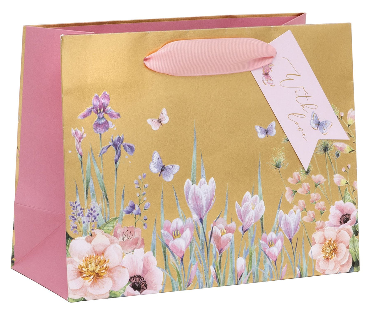 Gift Bag: Medium Landscape Floral Garden Mettalic Pastels - Gold & Pink - Glick