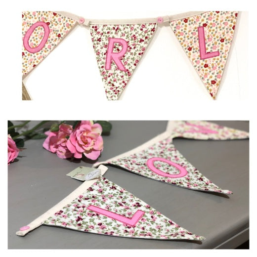 Pink Floral Rose Bud or Ditsy Fabric Letter Bunting Flags -Personalised Name Bunting