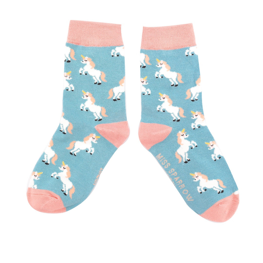 Girls Socks: Bamboo Unicorns 2-3y - Duck Egg - Miss Sparrow