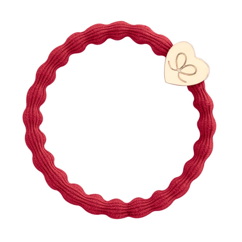 Hairband Bracelet: Stretch Bubble Elastic Gold Heart - Cherry Red - By Eloise
