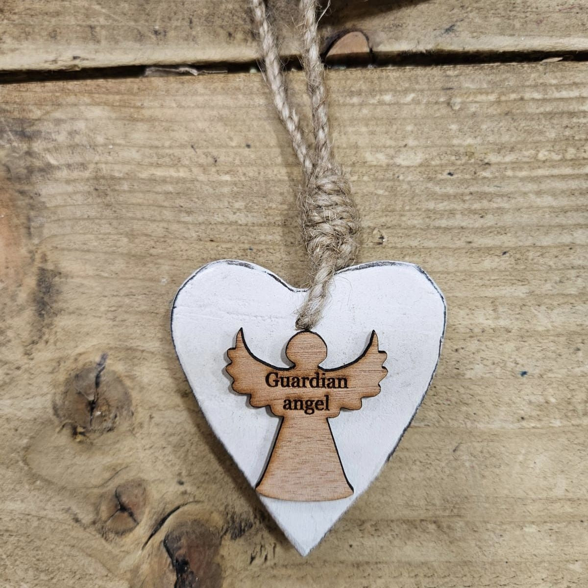 Chunky Guardian Angel  Hanging Heart Wood Sentiment Decoration - White w Natural  Heart Tag