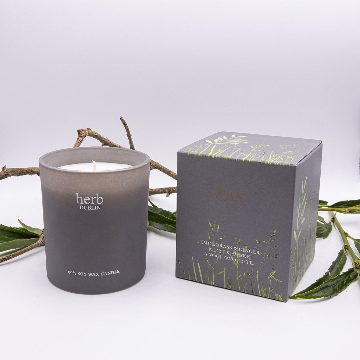 Candle: Scented Coloured Glass Box LEMONGRASS  & GINGER - Grey - Herb Dublin