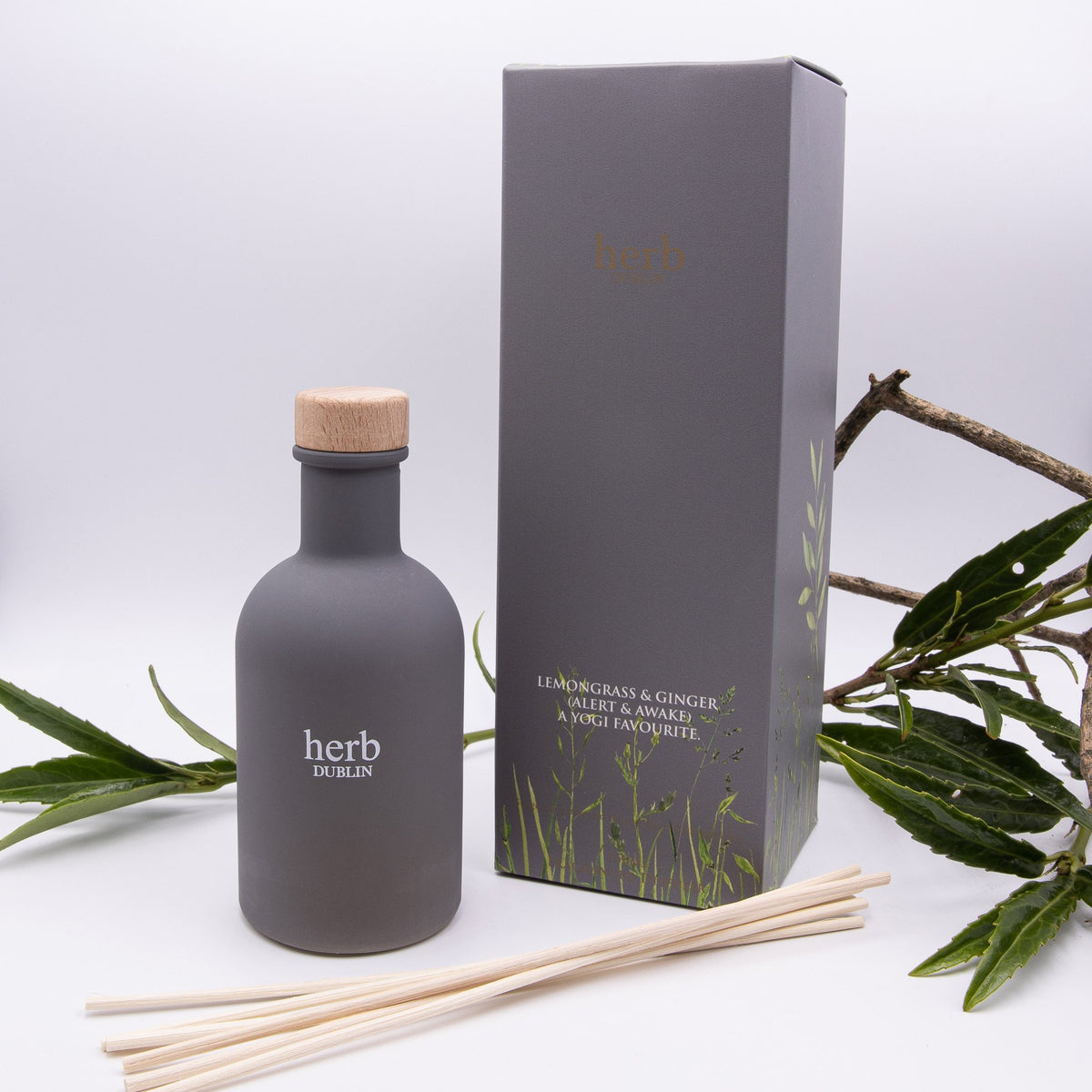Diffuser: Scented Coloured Glass Box LEMONGRASS & GINGER - Grey - Herb Dublin