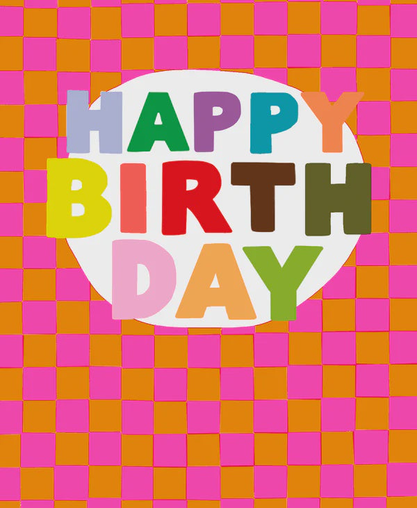 Birthday Card: Happy Birthday Pink & Gold Check - Neon - Paper Salad