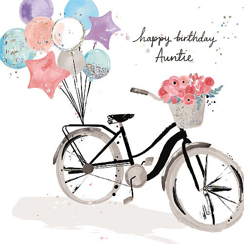 Auntie Card: Foil Bike Flowers - Pink & Green
